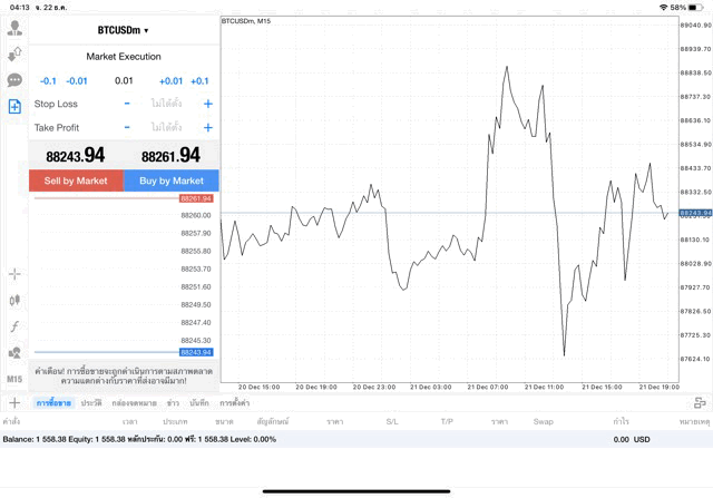 เทรด Crypto BTCUSD 0.01 lot แอป MT4