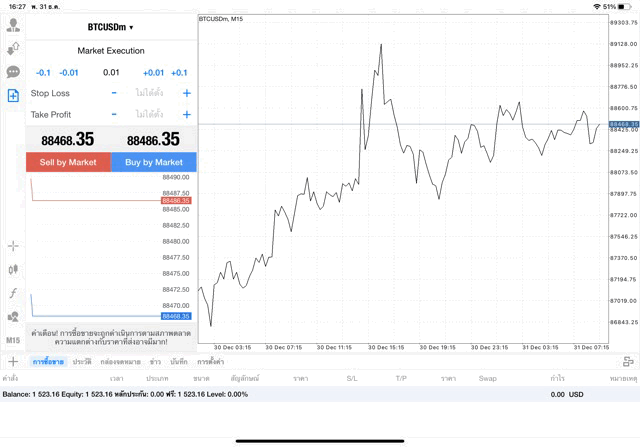 เทรด Crypto BTCUSD 0.01 lot แอป MT4
